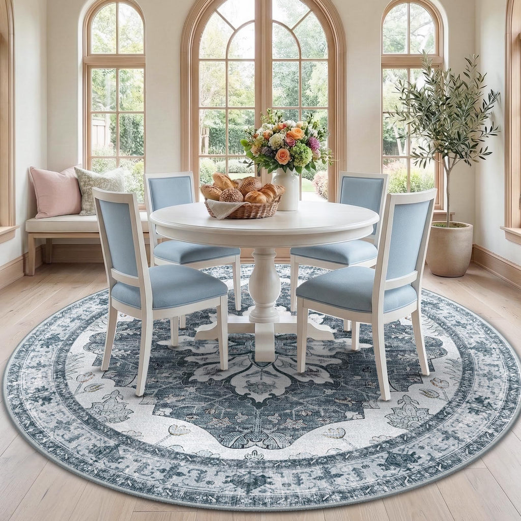 RELEANY Washable Area Rug, Round 7ft, Grey/White/Beige