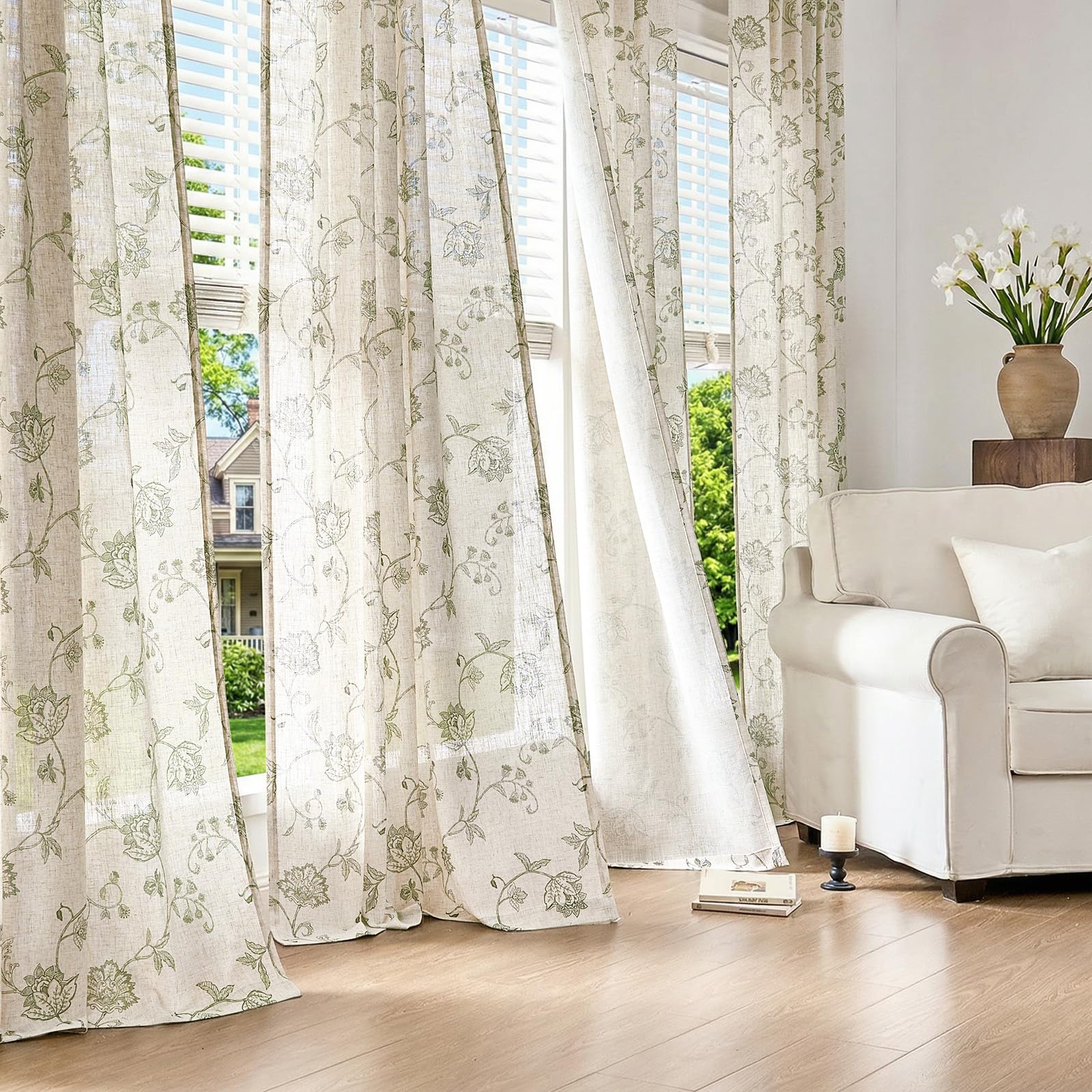 jinchan Linen Curtains Floral Curtain 84 Inch Length for Living Room Bedroom Light Filtering Rod Pocket Back Tab Jacobean Curtains Flax Linen Texture Window Drapes Set 2 Panels Green on Linen