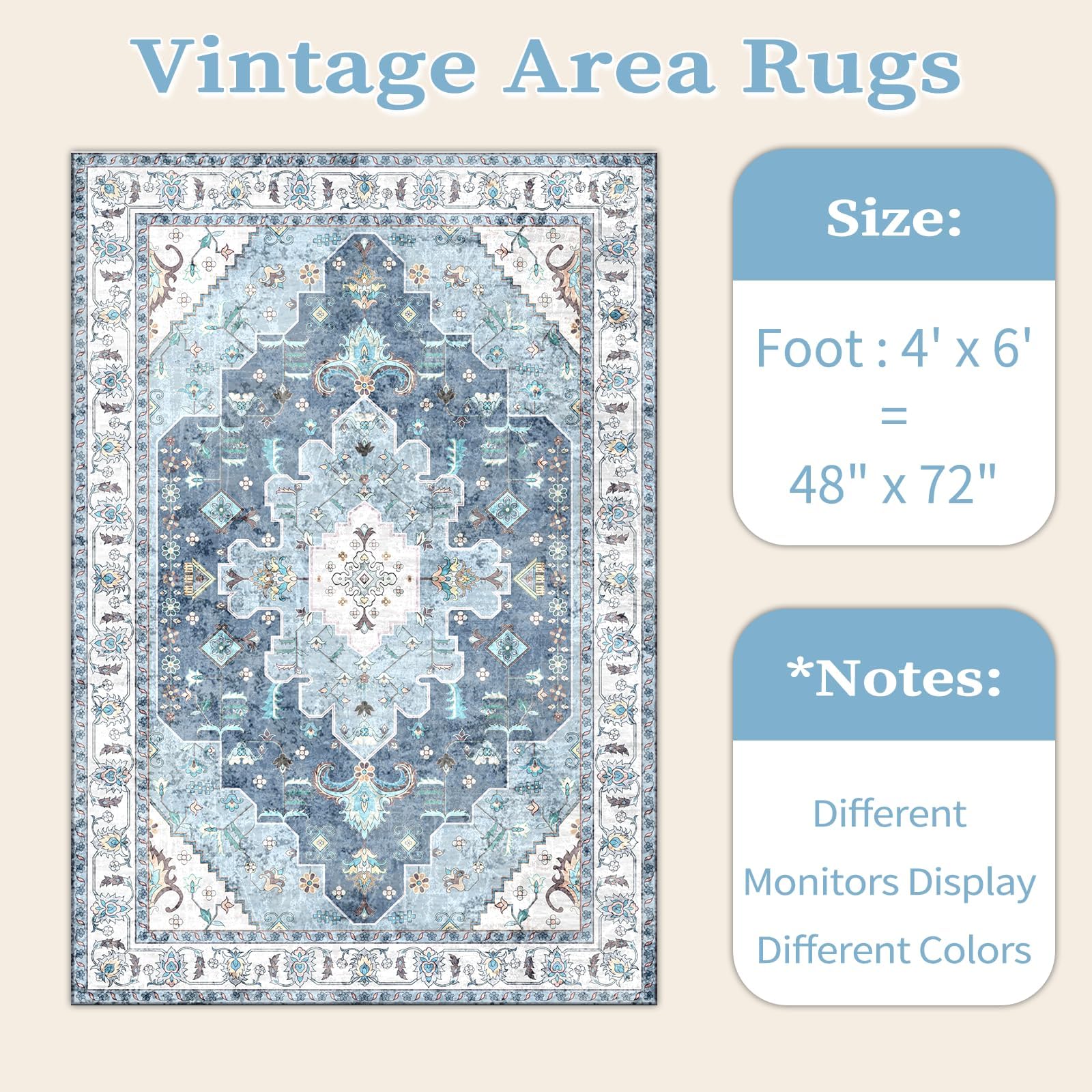 SERISSA 4x6 Washable Non Slip Boho Area Rug for Bedroom