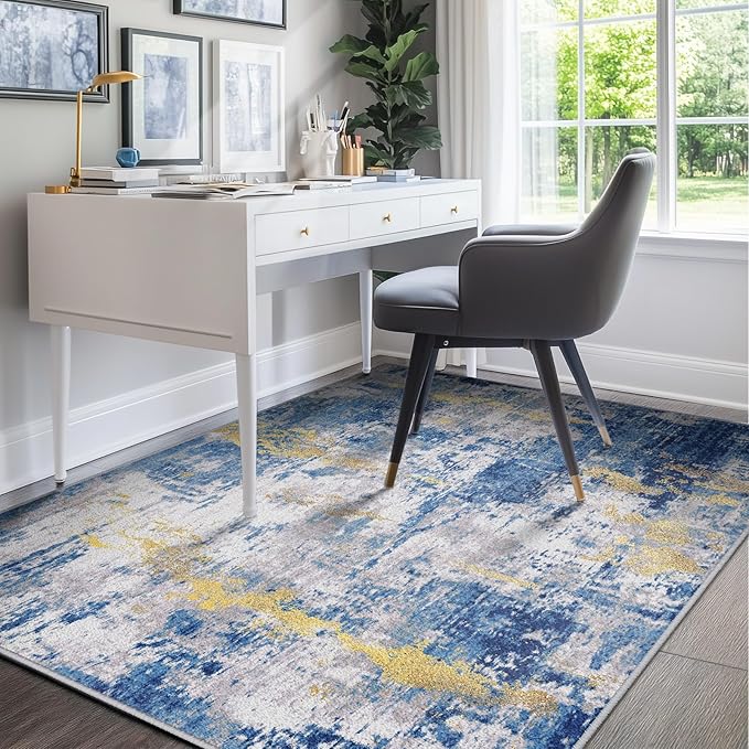 RELEANY Washable 8'x10' Abstract Area Rug for Living Room Blue Gold