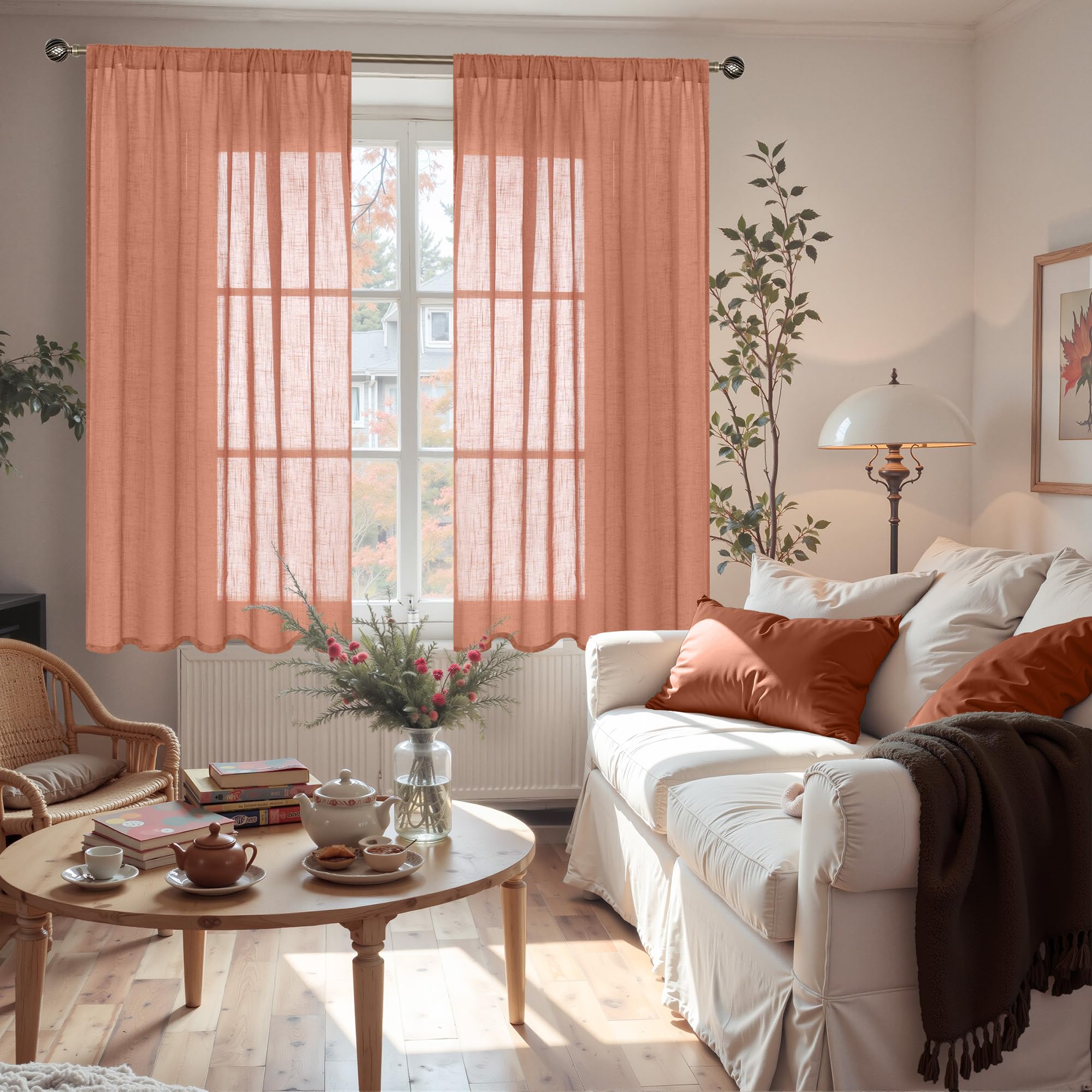 BGment Terracotta Linen Curtains 54 Inch Length for Short Living Room, Semi Sheer Burnt Orange Drapes Boho Rustic for Bedroom Decor with Rod Pocket Lightweight, 2 Panels Set, Each 42 Inch Wide