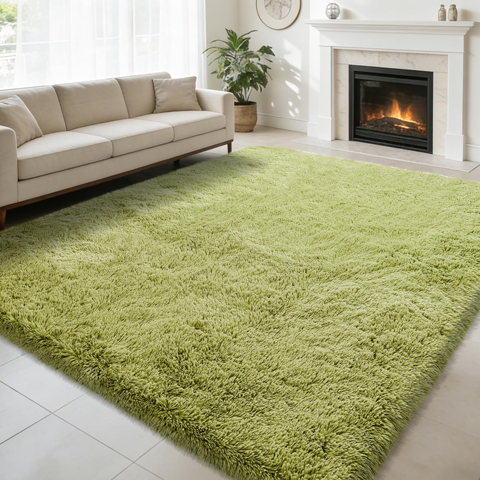 4x6 Area Rug for Bedroom,Green Fluffy Shag Living Room Rug Bedside Rugs