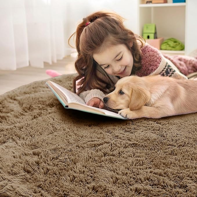 OLANLY Taupe Round Rugs for Bedroom - Machine Washable, 5 ft Circle Area Rugs for Living Room, Soft and Fluffy Shaggy Carpet for Teen Girl and Boys, Nursery Rooms, Dorms, Home Decor Aesthetic