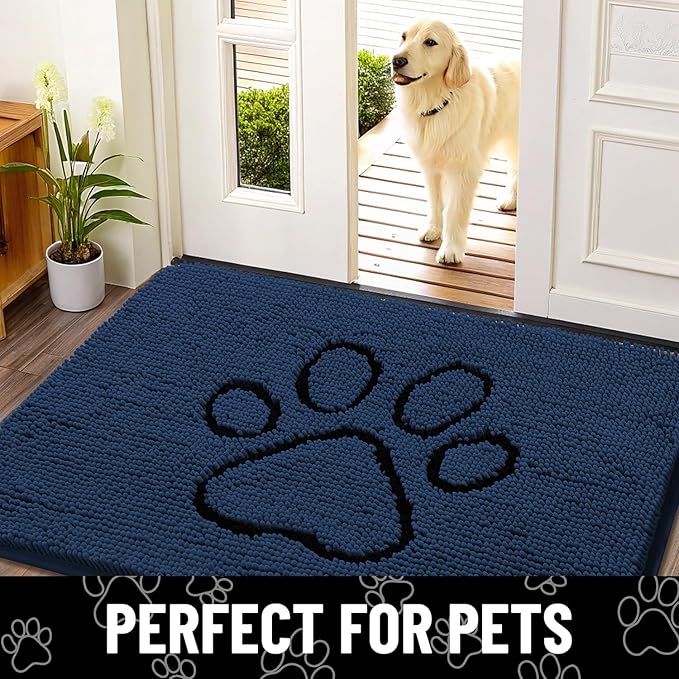 Smiry Dog Door Mat for Muddy Paws, Absorbent Dirt Trapper Non Slip Quick Dry Washable Chenille Mat for Mud Dogs, Entry Rug for Indoor and Outdoor (48x30 Inches, Dark Blue and Black)