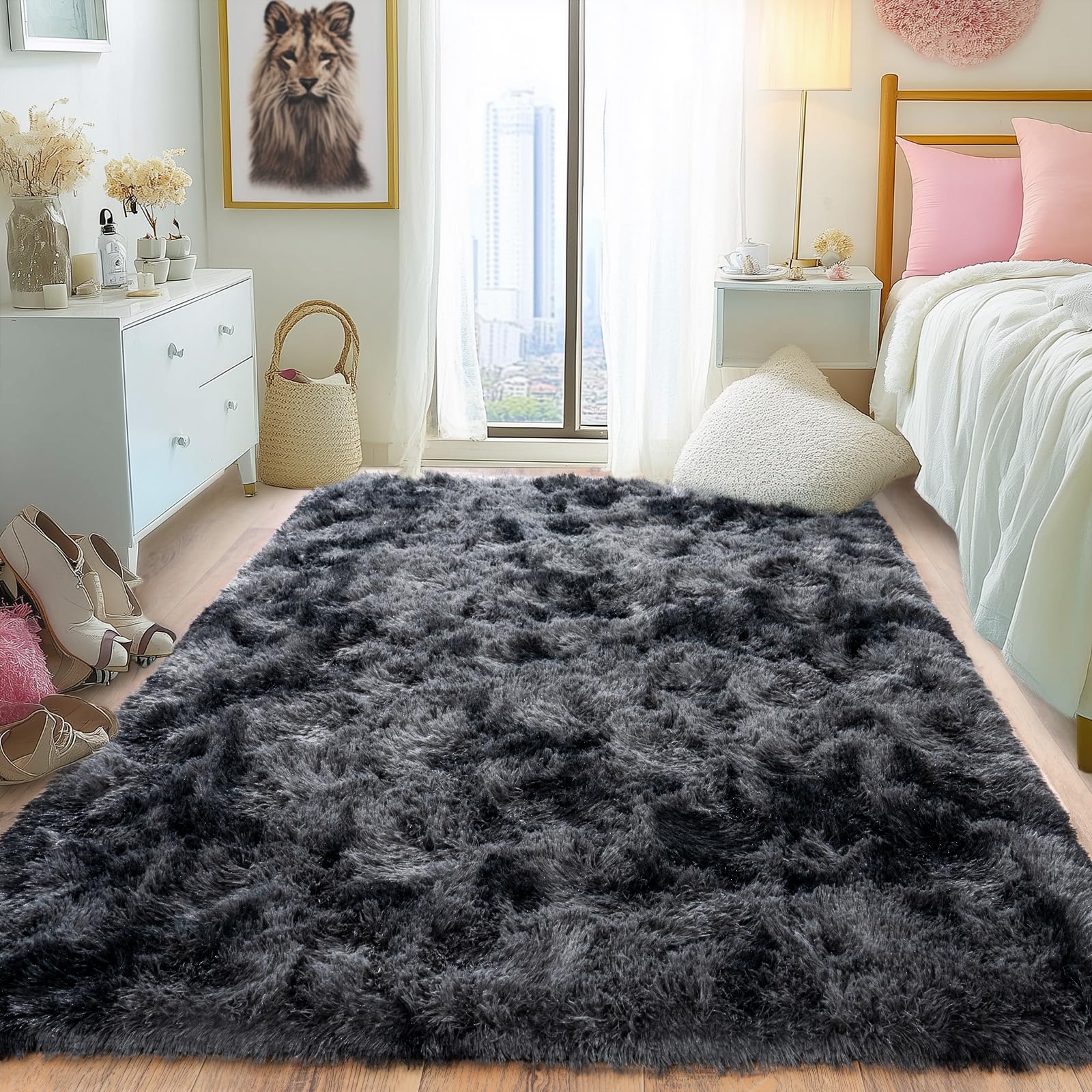 Pionblank Fluffy Area Rug for Bedroom 4x6, Indoor Plush Carpet, Dark Grey