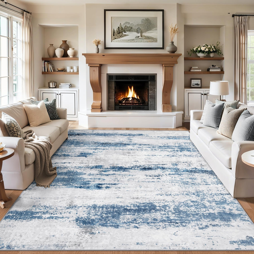 PLHXFR Area Rug Living Room: 5x7 Abstract Washable Carpet White Blue
