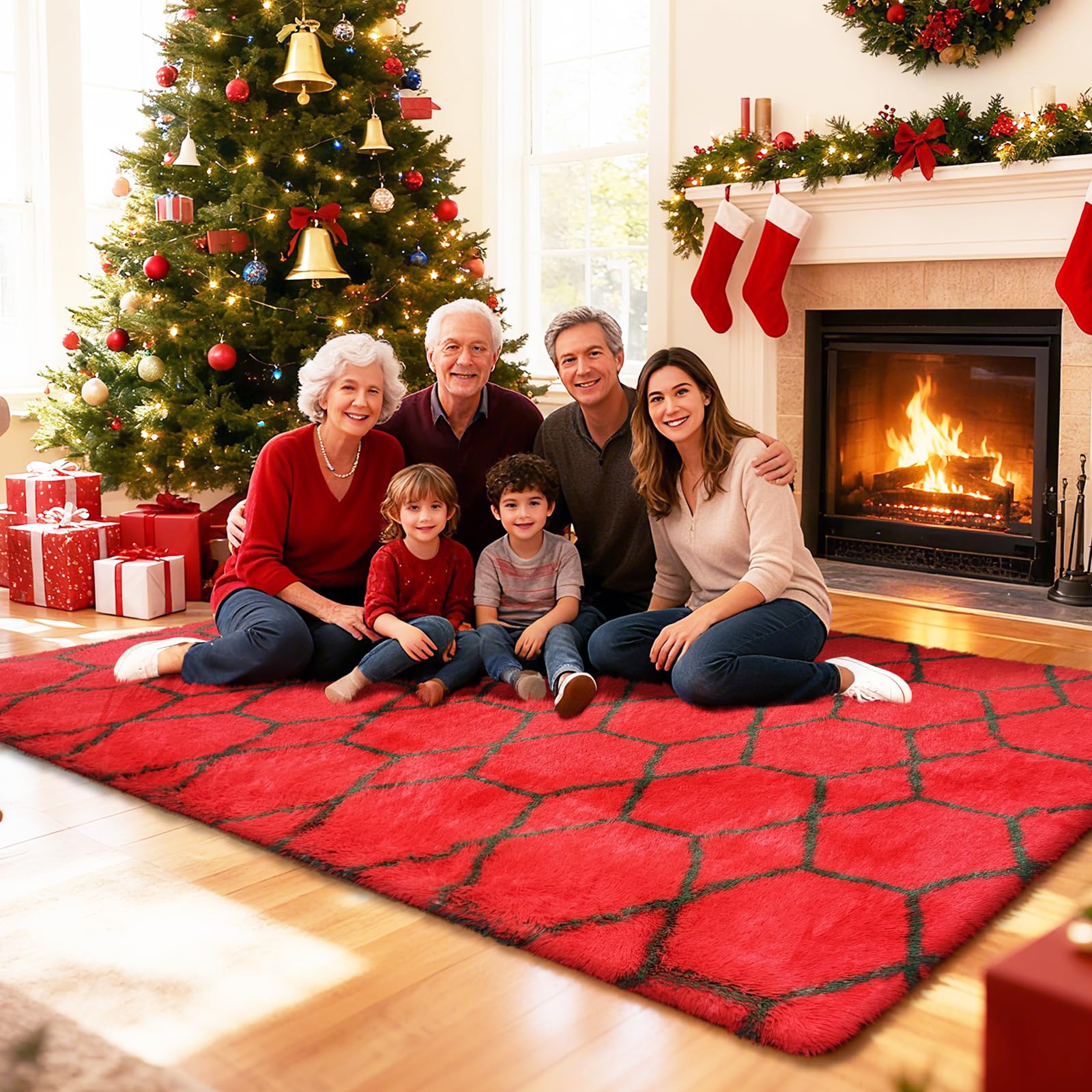 5x8 Shag Area Rug for Bedroom,Red and Green Fluffy Rugs for Living Room