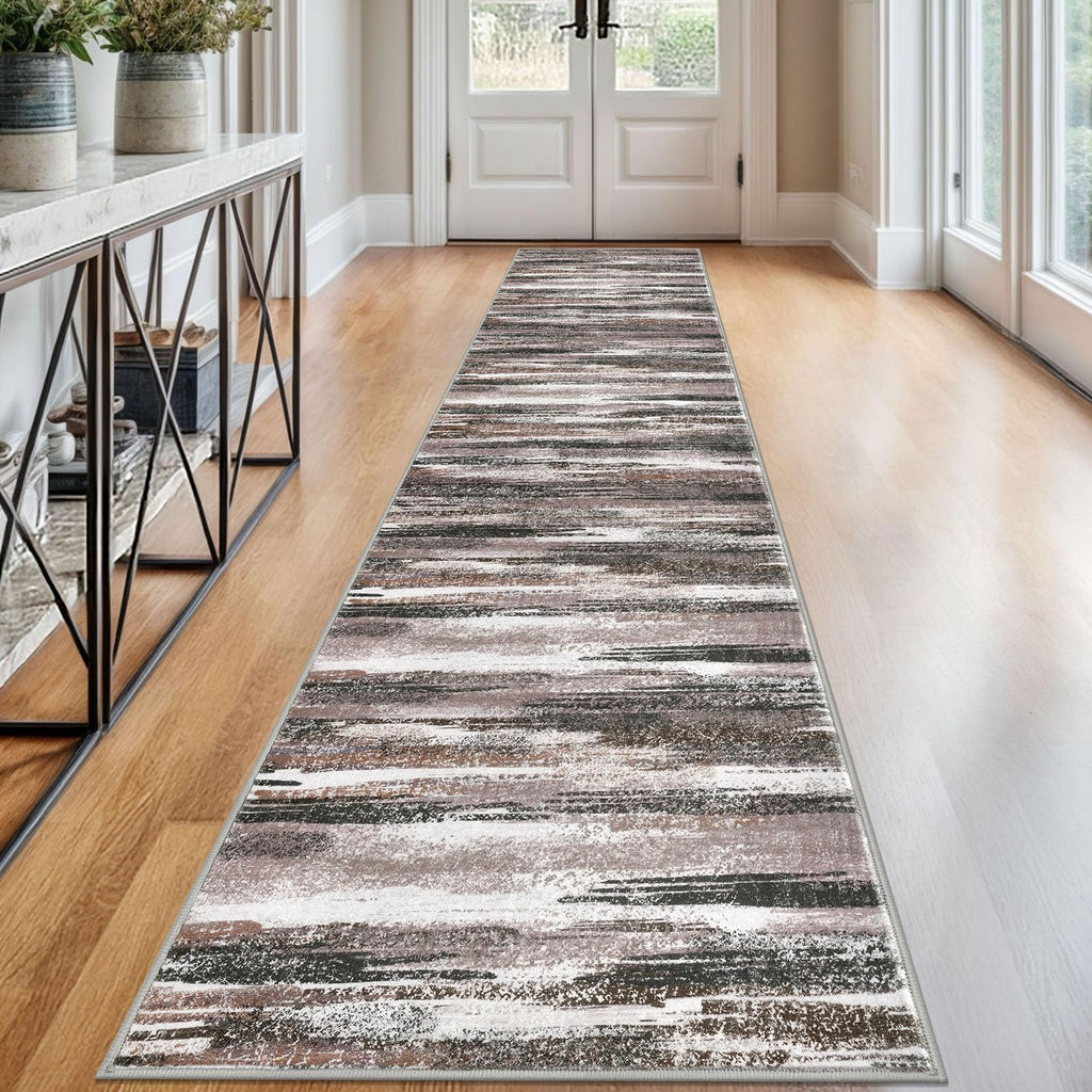 Lansny Modern Abstract Runner Rug 2.6x12, Dark Light Brown White Washable Long Kitchen Runner Non-Slip Soft Hallway Rug Runner Thin Print Faux Wool Carpet for Entryway Bedroom Laundry Room Indoor