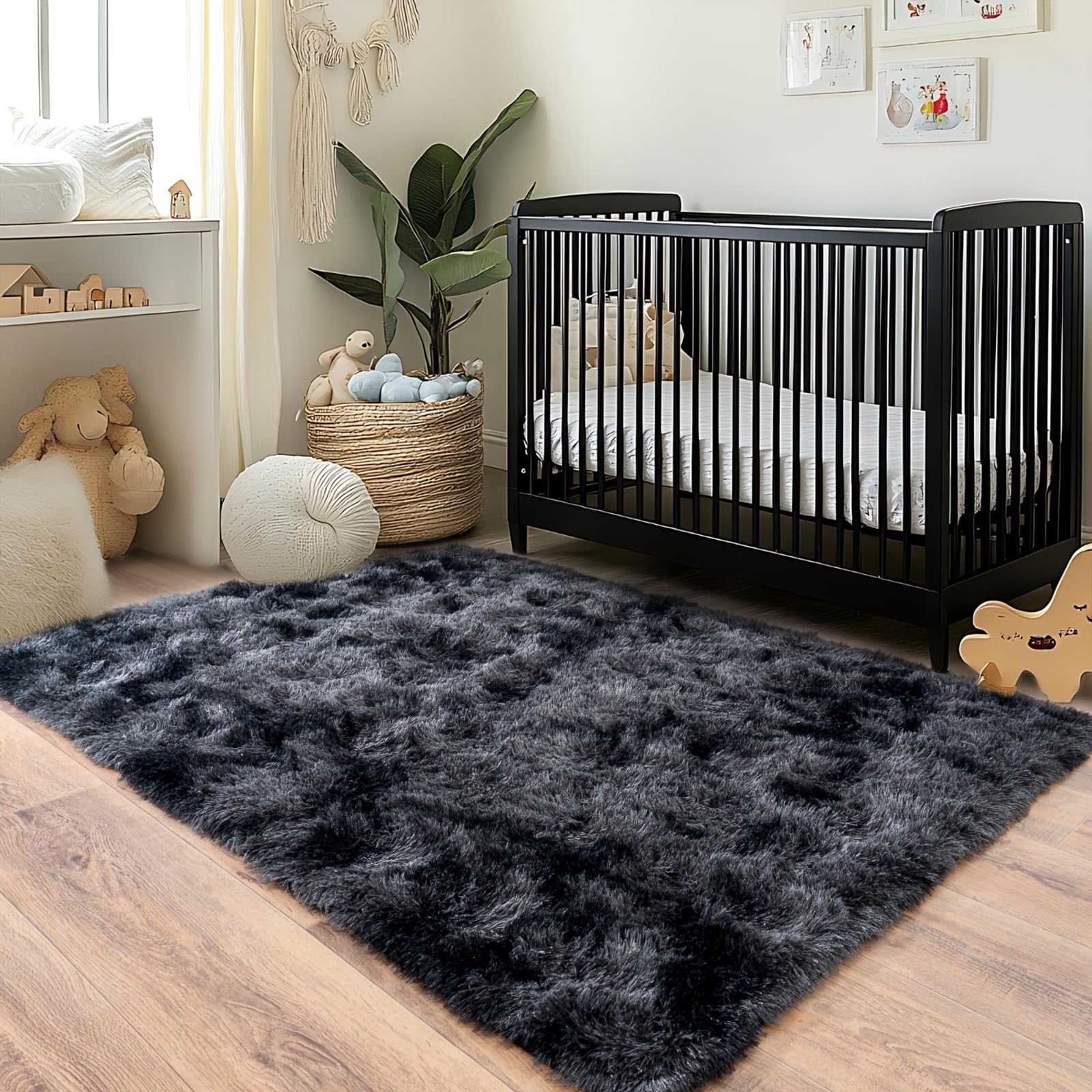 Pionblank Fluffy Area Rug for Bedroom 4x6, Indoor Plush Carpet, Dark Grey