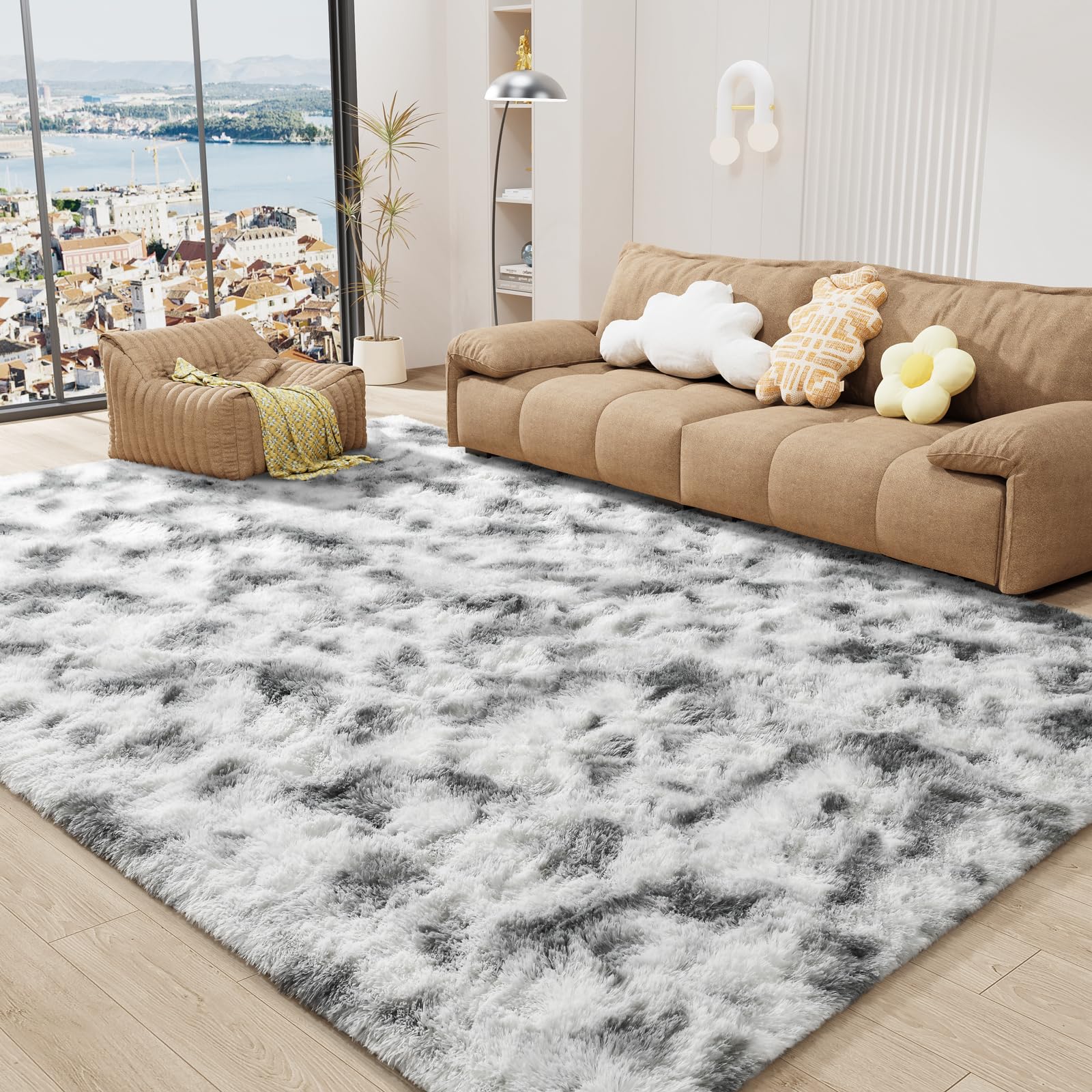 LOCHAS 8x10 Area Rugs Fluffy Living Room Bedroom Rug, Tie-Dyed Grey & White