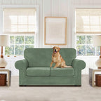 WEERRW Velvet Couch Covers for 2 Cushion Couch Sofa - High Stretch Velvet Plush 3 Pieces Sofa Slipcovers with Elastic Bottom, Furniture Protector for Pets, Machine Washable, Greyish Green, Medium