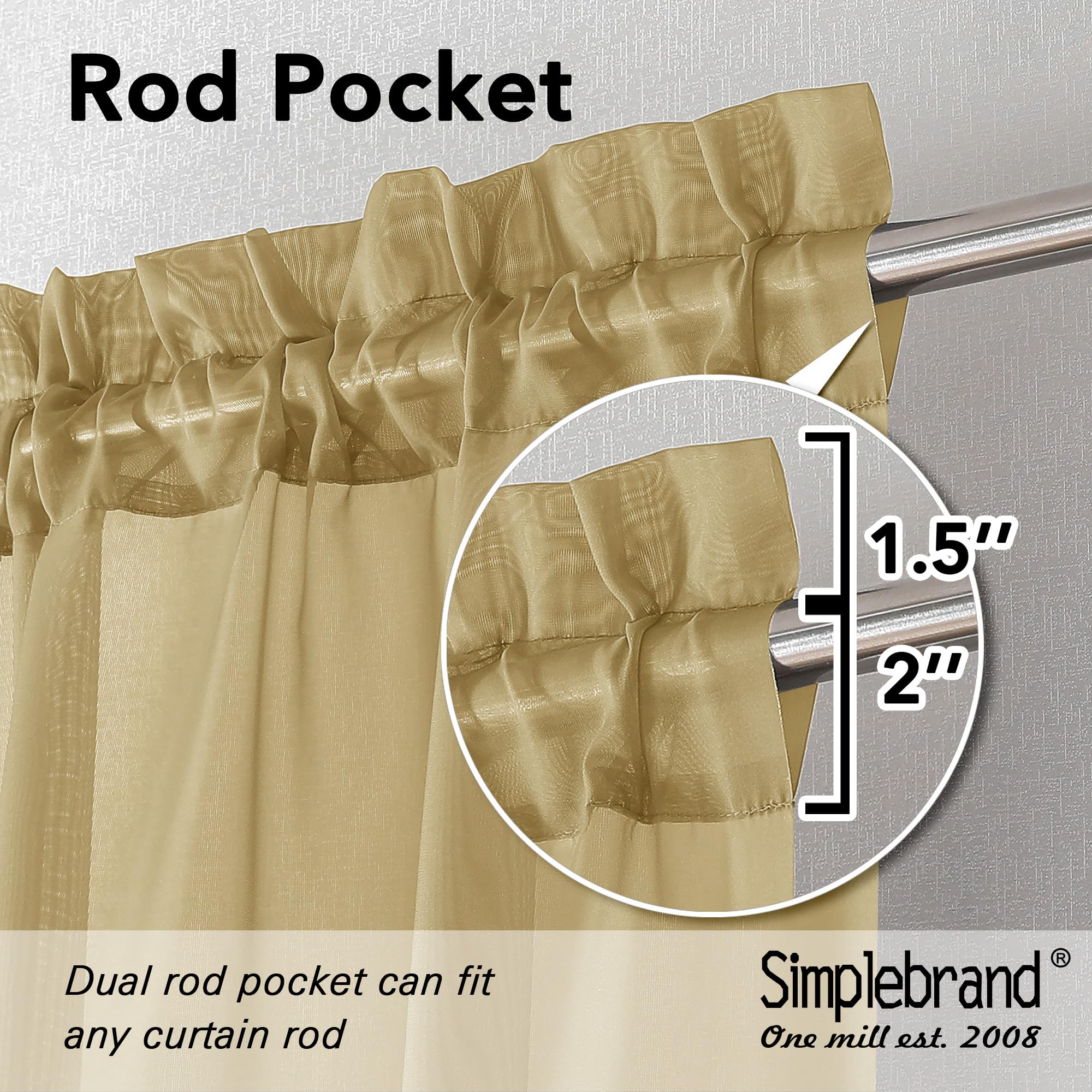 Simplebrand Gold Sheer Curtains 96 Inches Long, Light Filtering Rod Pocket Solid Color Window Sheer Curtain Panels, Elegant Curtains & Drapes for Living Room, Bedroom 2 Panels, 59" W x 96" L