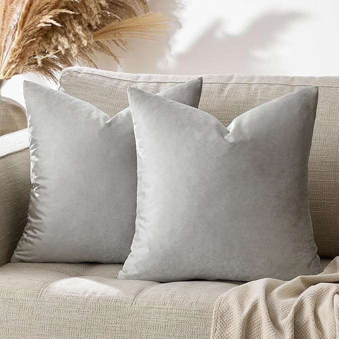 GIGIZAZA 16x16 Square Velvet Small Pillow Covers Set of 2 Silver Grey Throw Pillow Covers Modern Decorative Pillows for Living Room Couch Luxury Pillow Cases