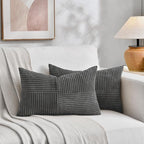Fancy Homi 2 Packs Dark Gray Lumbar Decorative Throw Pillow Covers 16x26 Inch for Livingroom Couch, Rustic Farmhouse Boho Home Decor, Soft Striped Corduroy Rectangle Accent Peach Cushion Case 65x40 cm