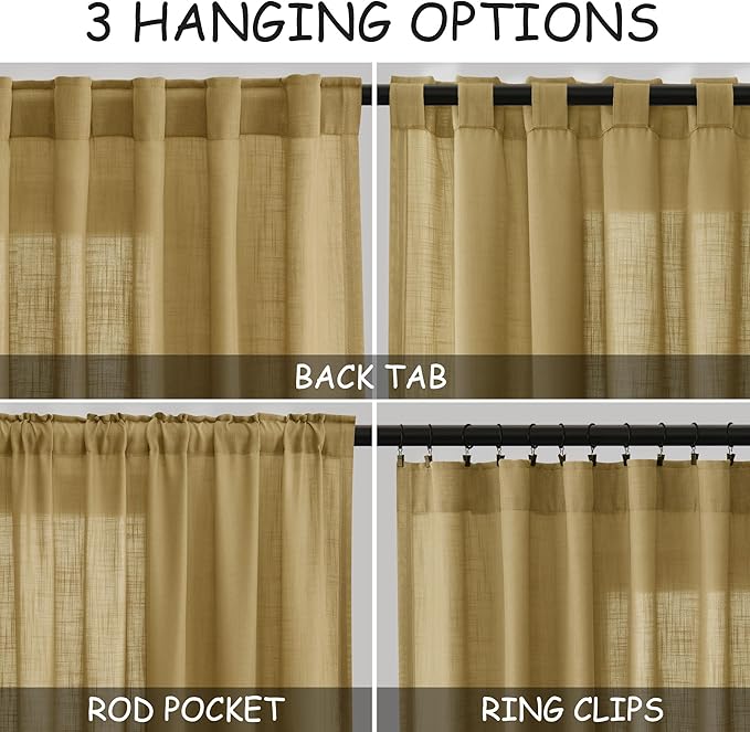 Nanspring Gold Linen Curtains Semi Sheer Gold 96 Inches Long 2 Panels Set for Living Room Back Tab Rod Pocket Light Filtering Drape for Bedroom Modern Farmhouse Coastal Decor Protect Privacy 52x96
