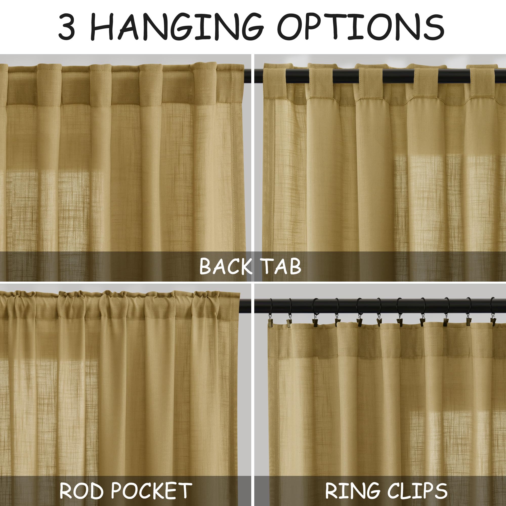 Nanspring Gold Linen Curtains 72 Inch Length for Living Room Semi Sheer Light Filtering Door Drapes 2 Panels Set for Kids Bedroom Light Filtering Back Tab Rod Pocket Modern Farmhouse Decor 52x72