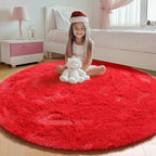 ONASAR Red Round Area Rug 4ft, Soft Bedroom Circle Rugs Floor Mat for Kids Girls Teen Room, Kawaii Fluffy Plush Shaggy Carpet for Nursery Living Room Playroom Christmas Home Decor Princess Castle