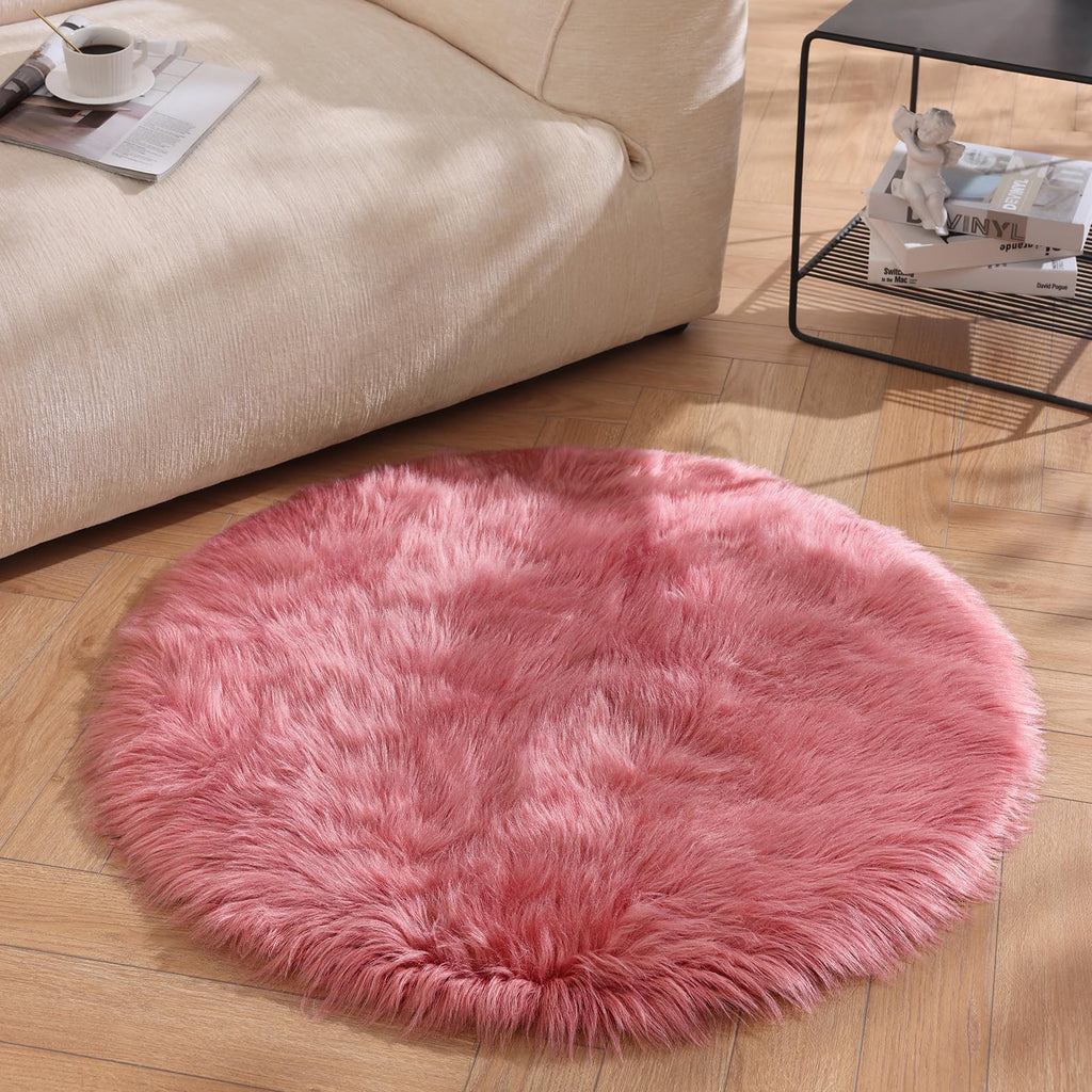 Ashler Faux Fur Rug, Fluffy Shaggy Area Rug Ultra Soft 3 x 3 Feet Sheepskin Fur, Blush Pink Fuzzy Rug Machine Washable Shag Rug, Nursery Decor Throw Rugs for Bedroom, Living Room, Kids Room