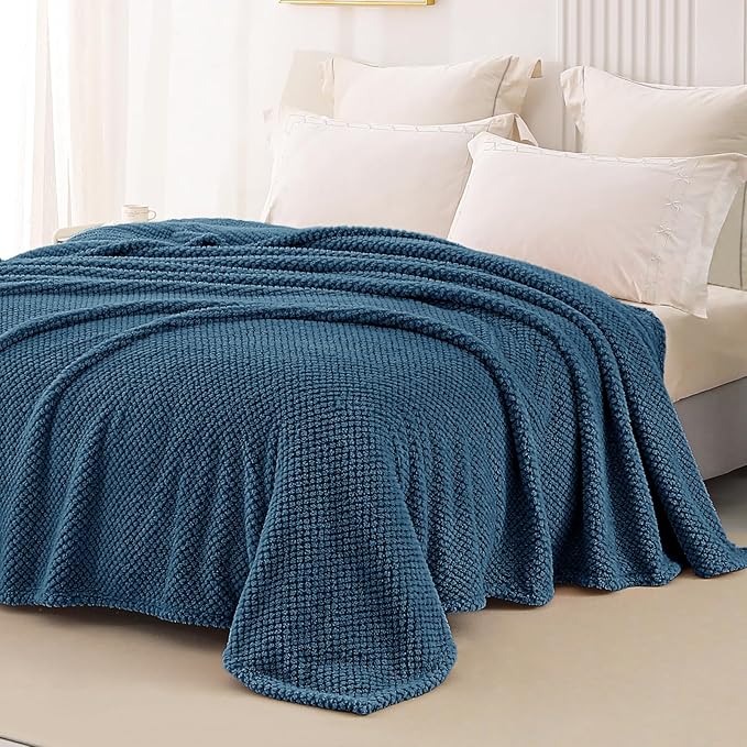 Whale Flotilla Queen Size Fuzzy Fleece Blanket for Bed, 90x90 Inch Fluffy Warm Soft Jacquard Blankets for All Season, Lightweight and Cozy, Navy Blue
