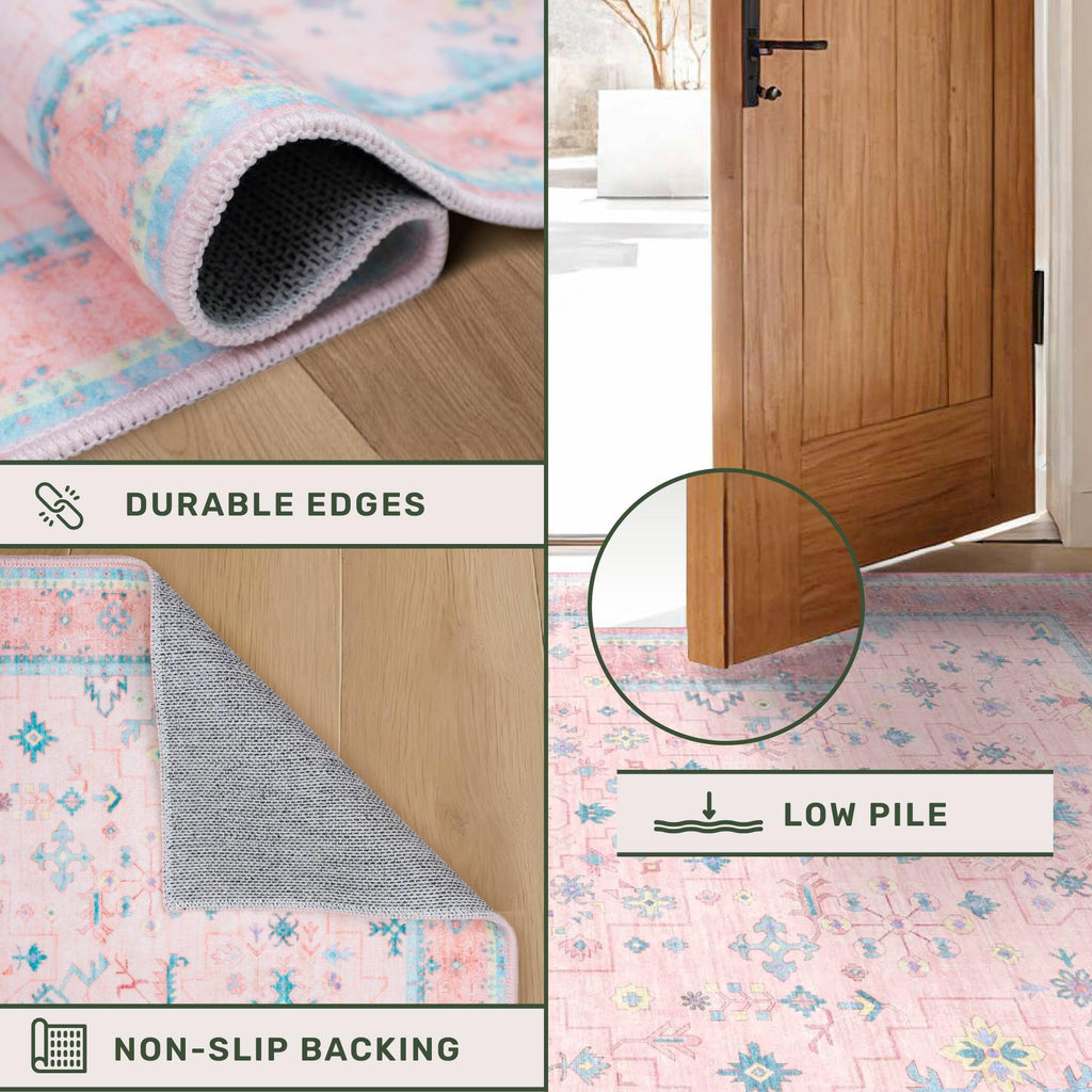 Washable Pink and Blue 6x8 Boho Rugs for Bedroom Girls, Living Room Kids Playroom Nursery Room, Modern Floral Distressed Design, Soft Low Pile Non Slip Stain Resistance Carpet