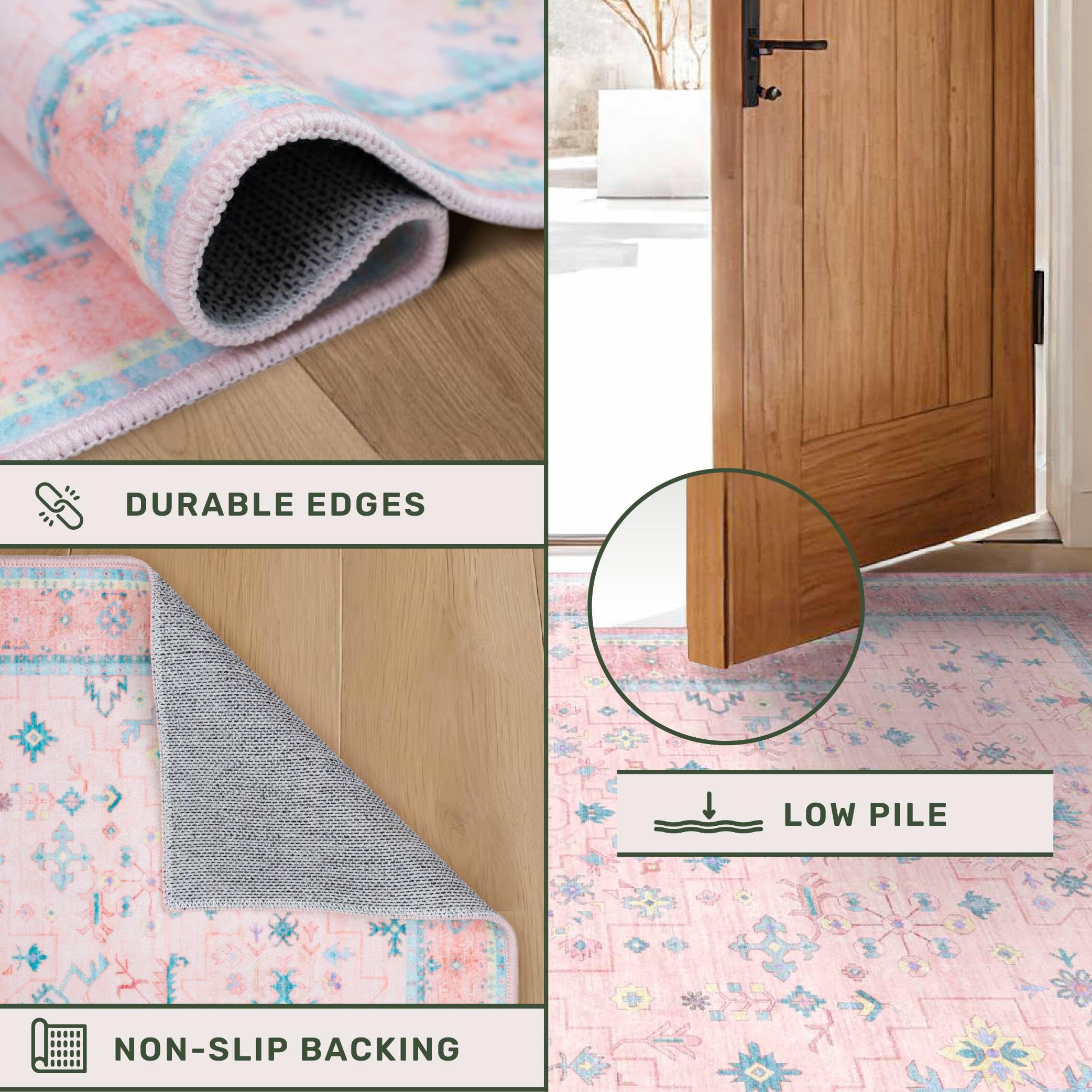 Washable Pink and Blue 6x8 Boho Rugs for Bedroom Girls, Living Room Kids Playroom Nursery Room, Modern Floral Distressed Design, Soft Low Pile Non Slip Stain Resistance Carpet