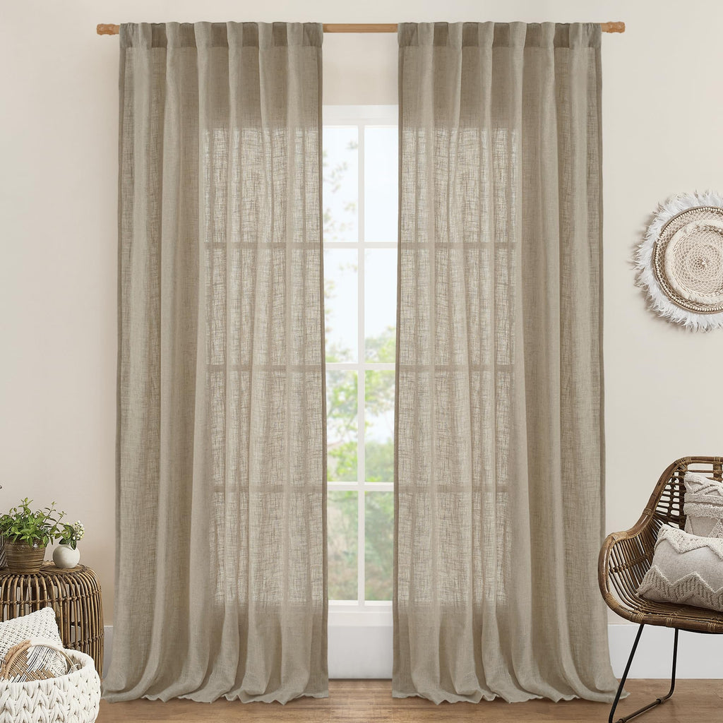 LAMIT Taupe Linen Curtains 90 Inch for Living Room, Semi Sheer Panels