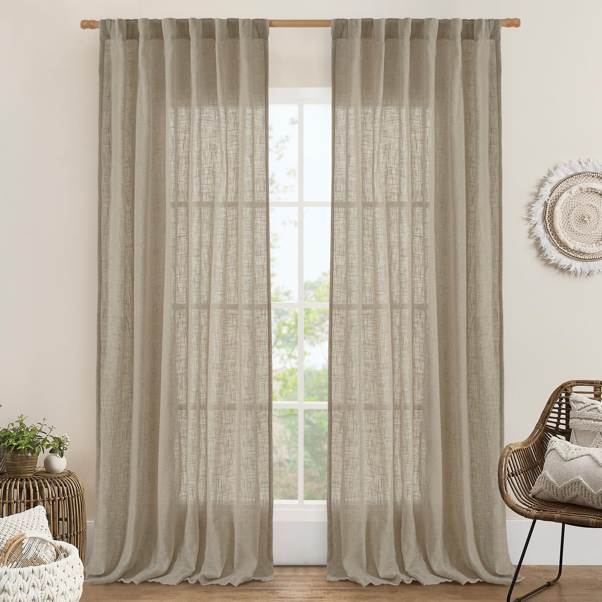 LAMIT Taupe Linen Curtains 90 Inch for Living Room, Semi Sheer Panels