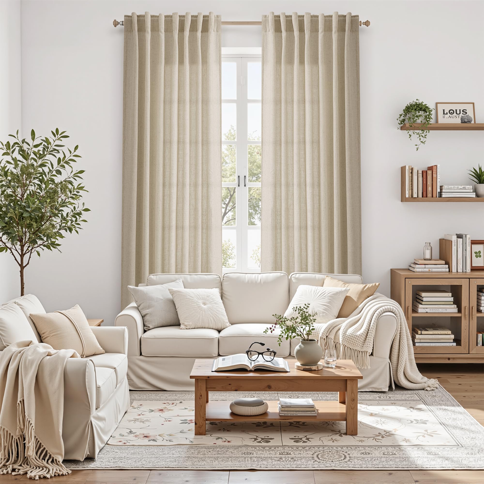Nanspring Eggshell Beige Curtains for Living Room 72 Inches Long Linen Blend Luxury Light Filtering Semi Sheer Curtain Back Tab Rustic Decor Neutral Elegant Drapes for Bedroom Office 52x72, 2 Panels