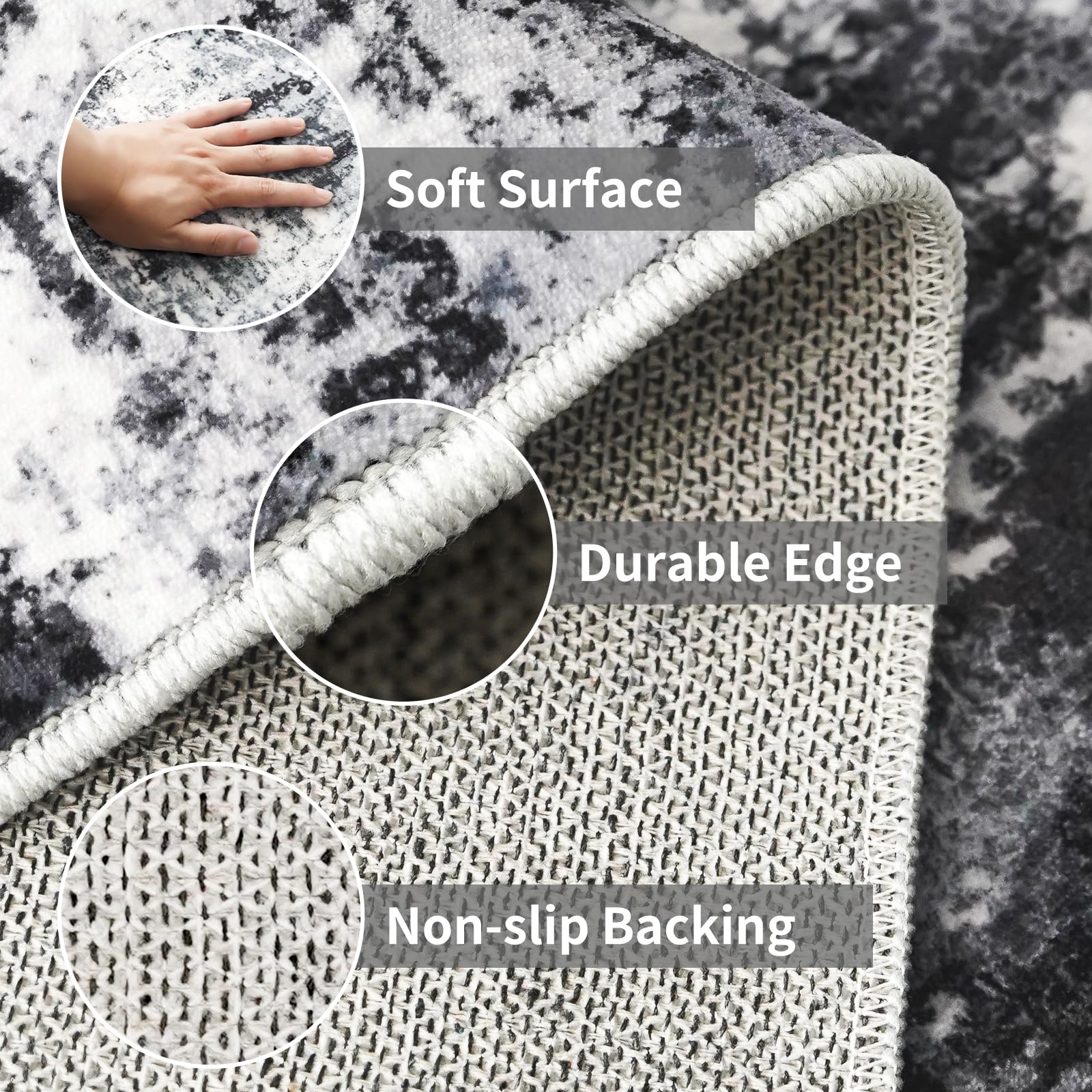 WIEVEDENS 2x3 Small Washable Area Rug: Non-Slip Indoor Door Mat for Entrance Doorway Kitchen Bedroom Living Room - Abstract Farmhouse Throw Rug for Modern Home Decor Black Grey