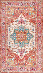 Yamaziot Washable Area Rug for Bedroom, 3x5 Non-Slip Boho Vintage Living Room Rug with Rubber Backing, Low Pile Faux Wool Soft Distressed Rug Floor Carpet for Living Room, Laundry, Kid Playroom