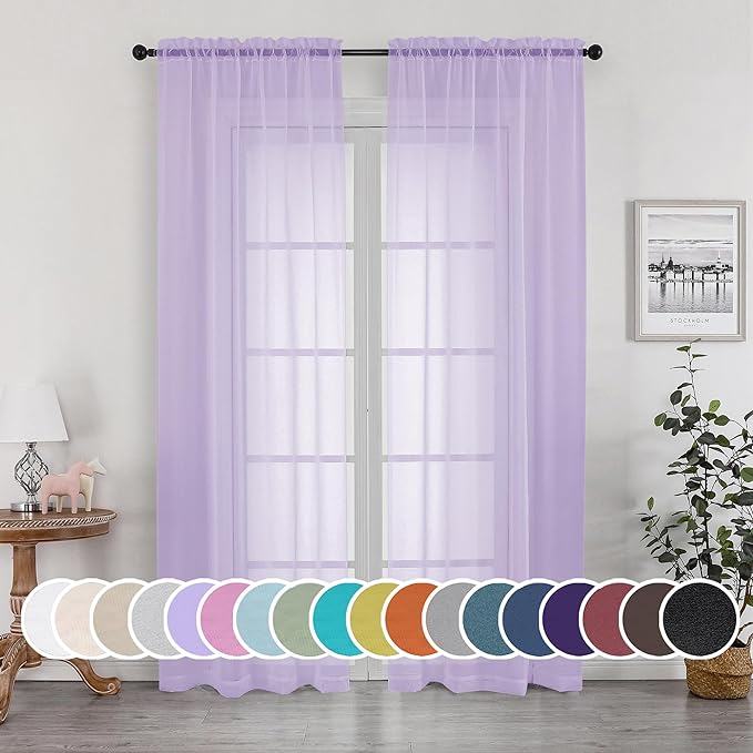 OWENIE Light Purple Sheer Curtains 90 Inches Long 2 Panels Set for Living Room Bedroom, Light Filtering Rod Pocket Clear Sheer Curtain 2Pcs, Each 42" W x 90" L,Lavender
