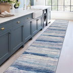 KOZYFLY Modern Abstract Washable Rug Runner 2.6x14 Hallway Rug Runner Non-Slip Soft Kitchen Runner Rugs, Blue/Grey/Beige Striped Carpet for Entryway Bathroom Laundry Room Foyer