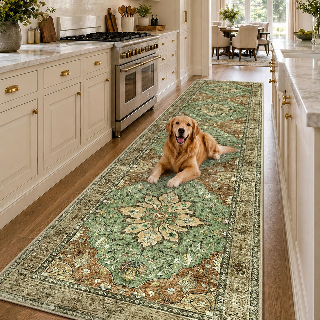 RELEANY Washable Area Rug, Runner 3'x12', Brick/Brown/Green