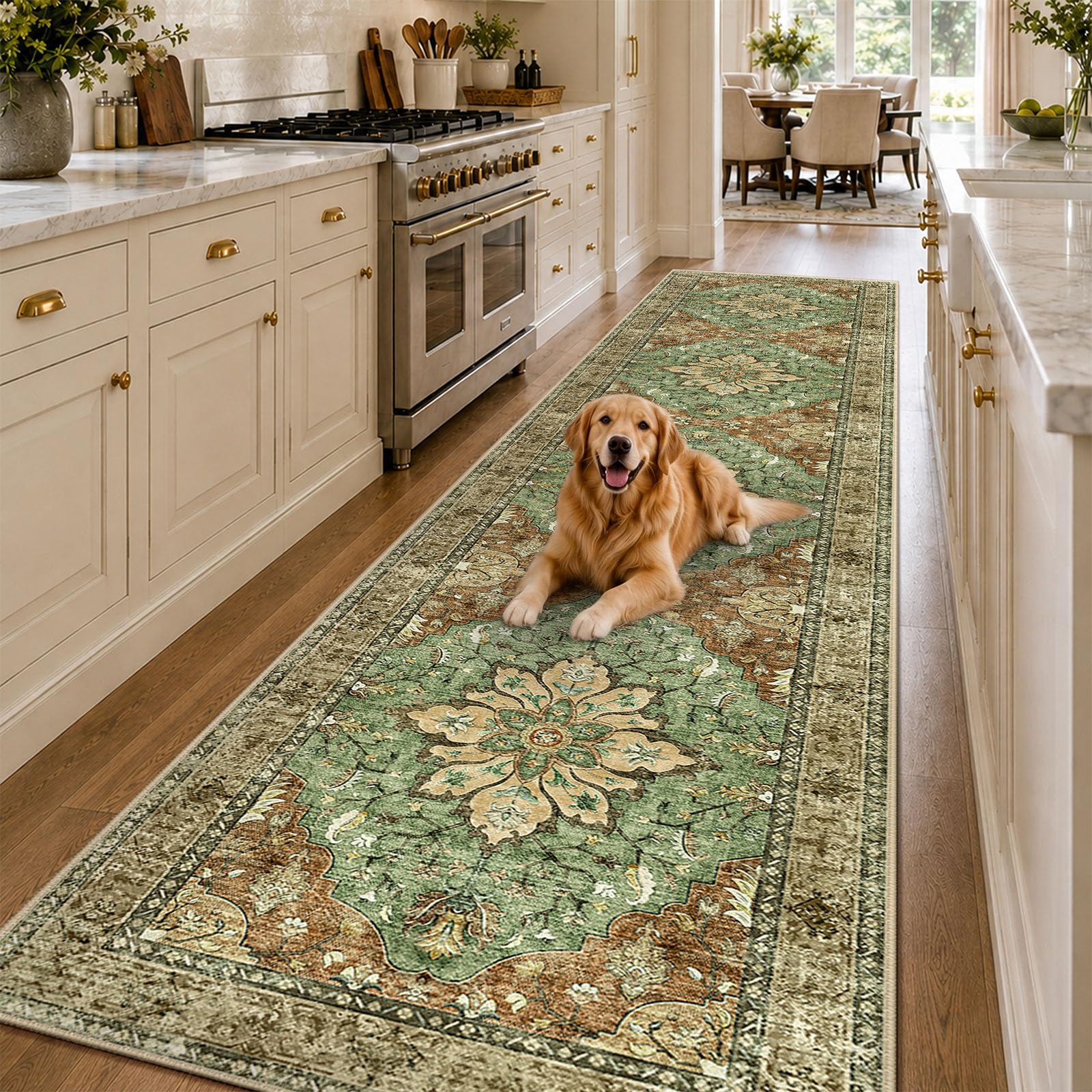 RELEANY Washable Area Rug, Runner 3'x12', Brick/Brown/Green