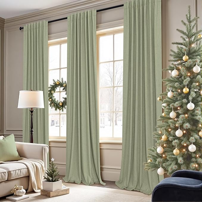 Light Sage Green Short Blackout Curtains for Small Bathroom Window Kitchen Door Back Tab Pocket 45 Inch Length 2 Panel Linen Look Noise Reducing Dampening Vintage Moody Curtain for Room Divider Closet
