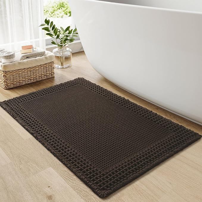 RESARE Waffle Bath Mat for Bathroom, Super Absorbent Bathroom Rugs Non Slip Machine Washable, Ultra Soft Quick Dry Boho Bath Rugs with Tassels for Floor, Upgraded Bordered Design, 24"x36" Chocolate