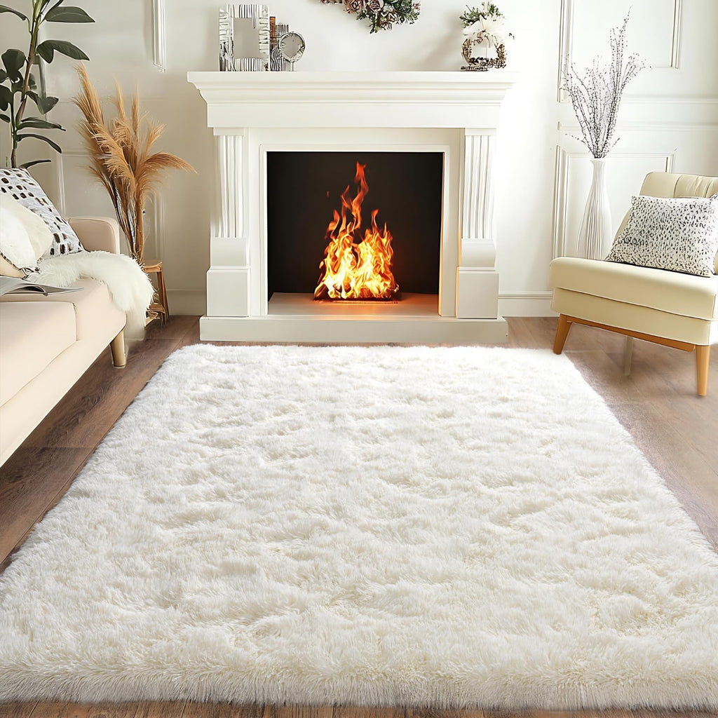 Pionblank Fluffy Area Rug for Bedroom 4x6, Indoor Plush Carpet, Cream White