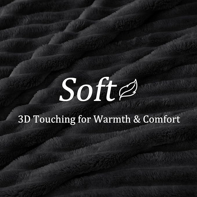 BEDELITE Ribbed Fleece Throw Blanket for Couch, Black, 50"x70"