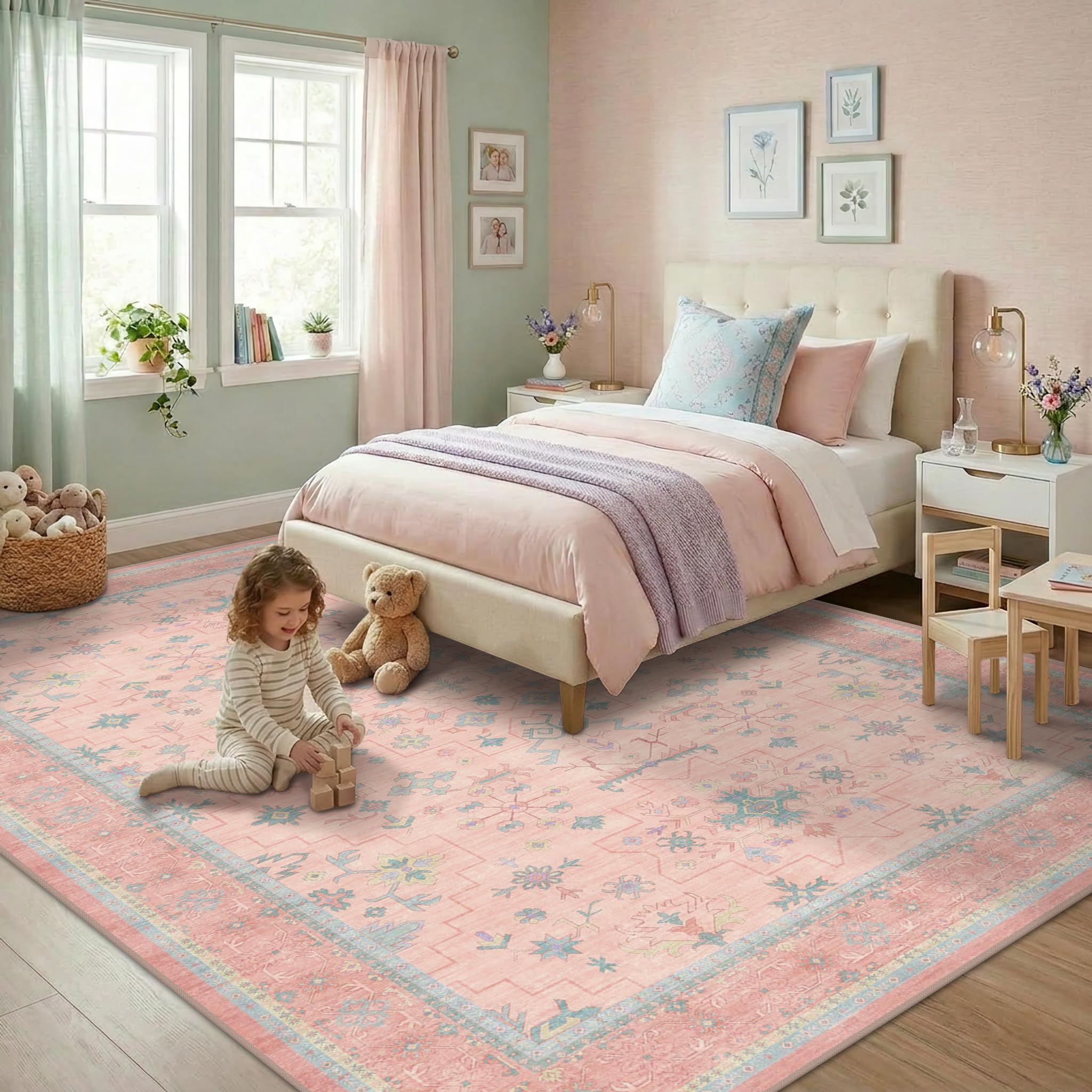 Pink Rugs for Bedroom Girls, 5x7 Washable Area Rug for Living Room Nursery Kids Baby Playroom Indoor Decor, Oushak Floral Vintage Low Pile Boho Non Slip Foldable Carpet