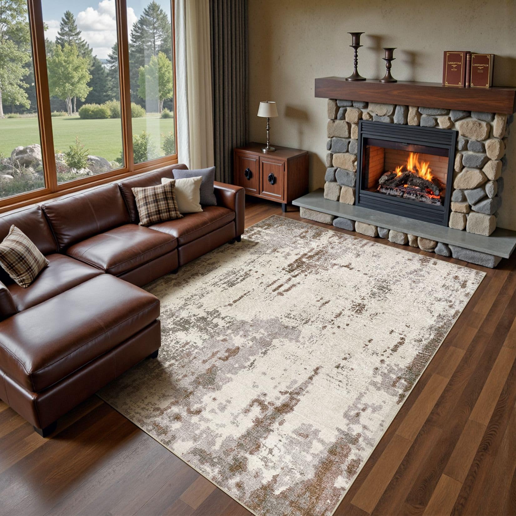 UERMEI 10x14 Washable Area Rug - Neutral Modern Abstract Living Room Rugs, Non-Slip Soft Large Indoor Floor Carpet for Bedroom Home Office & Under Dining Table Decor, Brown/Grey/Beige