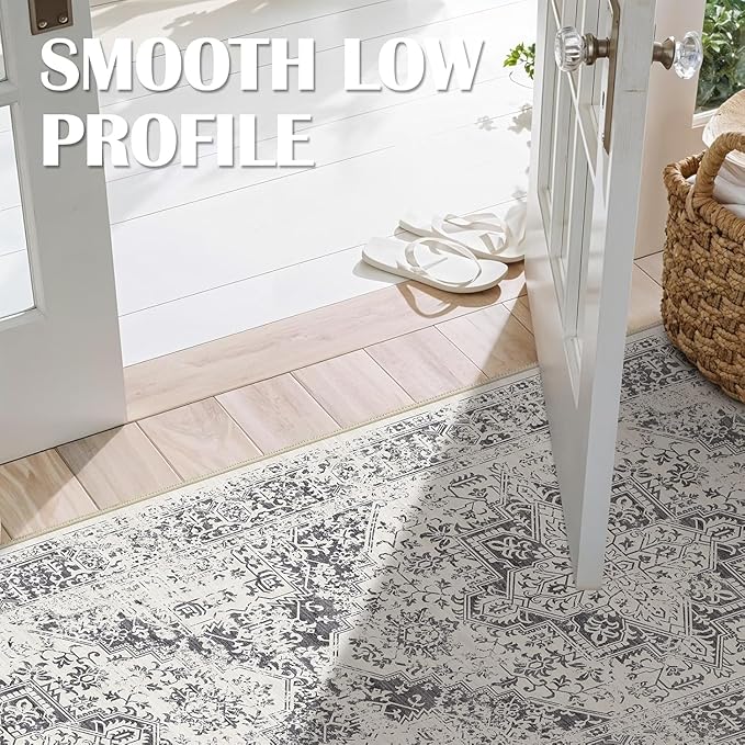 Washable 3x5 Area Rug for Entryway - Kitchen Non Slip Low-Pile Rugs Vintage Soft Thin Carpet Small Stain Resistant Mat for Bedroom Entrance Bathroom Floor Decor (Distessed Grey)