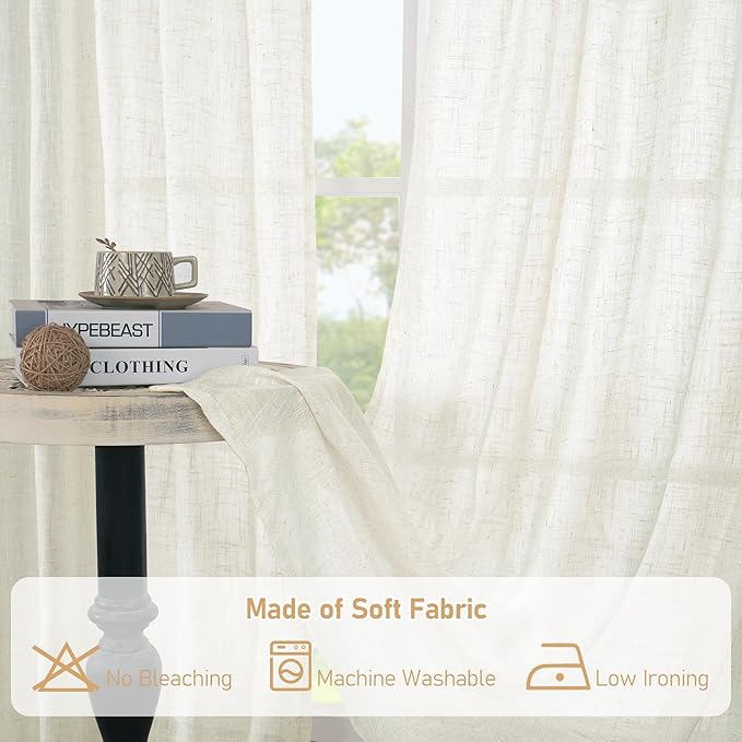 LAMIT 72 inch Length Cream Linen Curtains for Living Room Bedroom 2 Panels