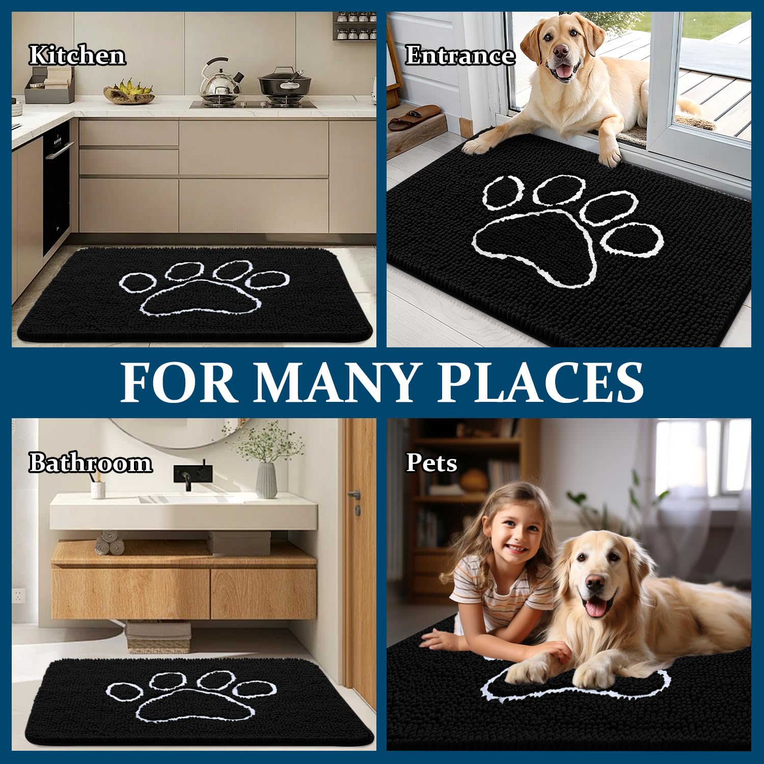 OLANLY Dog Door Mat for Muddy Paws 45x27, Paw Print Design Chenille Mud Mat