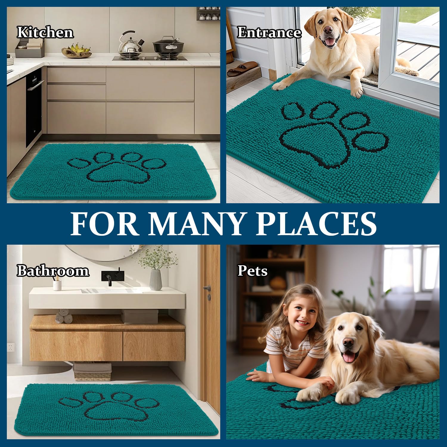 OLANLY Dog Door Mat for Muddy Paws 36x24, Paw Print Design Chenille Mud Mat