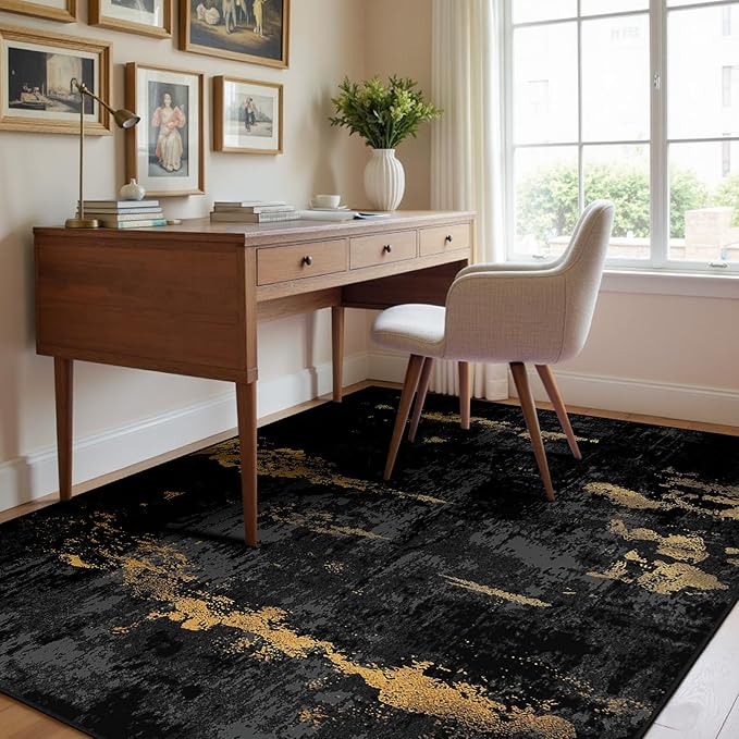 RELEANY Washable 3'x5' Abstract Area Rug for Living Room Black Gold