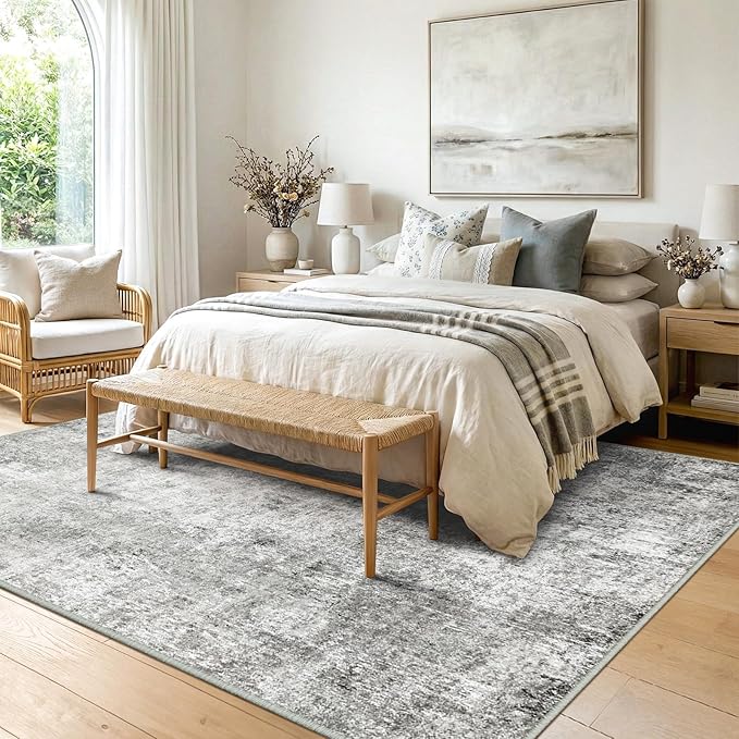 Washable Area Rugs 5'x7' Non-Slip Modern Abstract Soft for Living Room Entryway Bedroom Nursery, Print Pattern, Gray White Grey