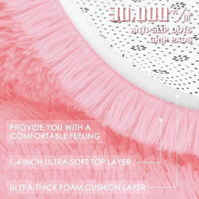 OLANLY 3x5 Machine Washable Small Bedside Rug, Soft Fluffy Shaggy Rugs for Living Room, Bedroom, Indoor Floor Carpet for Kids Girls and Boys, Preppy Dorms, Nursery, Home Decor Aesthetic, Pink