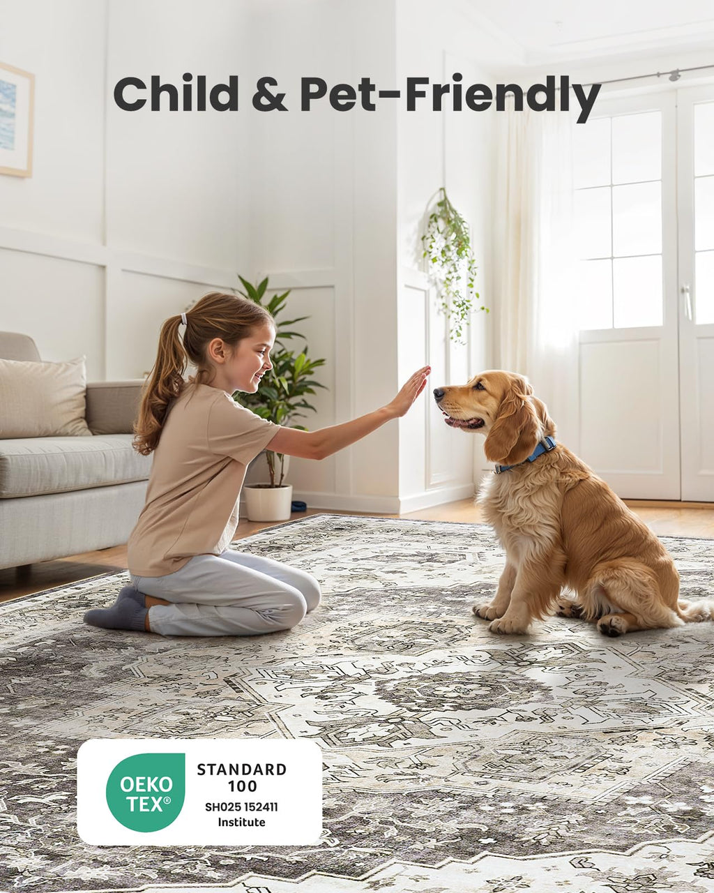 AMADA HOMEFURNISHING 9x12 Area Rug, Washable Low-Profile Large Area Rug with Non-Slip Backing & Durable Edge Binding, Vintage Large Rugs for Living Room, Bedroom