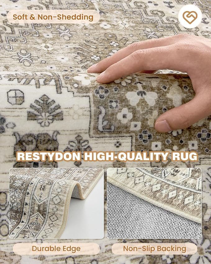 Runner Rug 2x10, Ultra-Thin Kitchen Rugs Non Slip Washable Rugs for Entryway Rug, Kitchen Runner Low Pile Vintage Soft Carpets for Living Room, Bathroom Bedroom (Brown,2'x10')