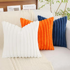 decorUhome Summer Cozy Faux Fur Throw Pillow Covers 20x20 Set of 2 Decorative Soft Plush Striped Modern Farmhouse Boho Couch Pillow Cases with Velvet Back for Sofa Bed Living Room, White